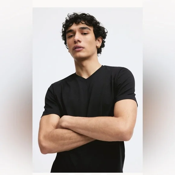 H&M Maroon Slim Fit Short-Sleeve V-Neck Lightweight Cotton T-Shirt Casual Top L - Picture 3 of 16